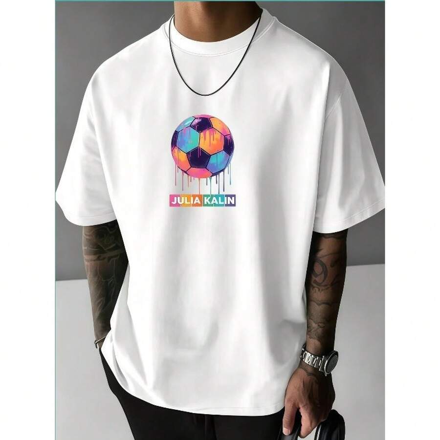 Camiseta de hombre con estampado de fútbol - Transpirable, de corte holgado, manga corta, cuello redondo, estilo jersey de fútbol, ropa casual y deportiva adecuada para el uso diario. - Blanco - Ver 1