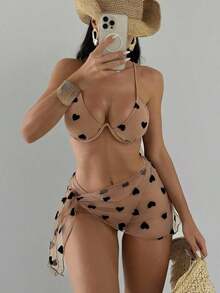 Swim  3 piezas Conjunto de sujetador con aros con estampado de corazones y Bottom tipo bikini y falda cubrepantalones, traje de baño de playa de verano - Rojo - Ver 5