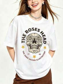 Camiseta de manga corta con cuello redondo suave y casual para mujer de verano| LA CABEZA DE LAS ROSAS, LA ILUSTRACIÓN DIBUJADA A MANO, Rosa, Muerte y Romance, 1988|Tops para salir, Estilo callejero europeo y americano, Casual deportivo, Estilo unisex, Estilo casual urbano, Tops bonitos, Generación Z, Curvas, Ropa Y2K, Camisetas divertidas, Tops de mujer, Conjuntos de vacaciones para mujer, Top lindo, Camiseta gráfica, Conjuntos de primavera, Camisetas holgadas, Ropa urbana retro, Estilo de los 90, Estilo de los 2000, Subcultura, Top negro, Tops blancos, Conjunto de fiesta de los 90. - Blanco - Ver 4