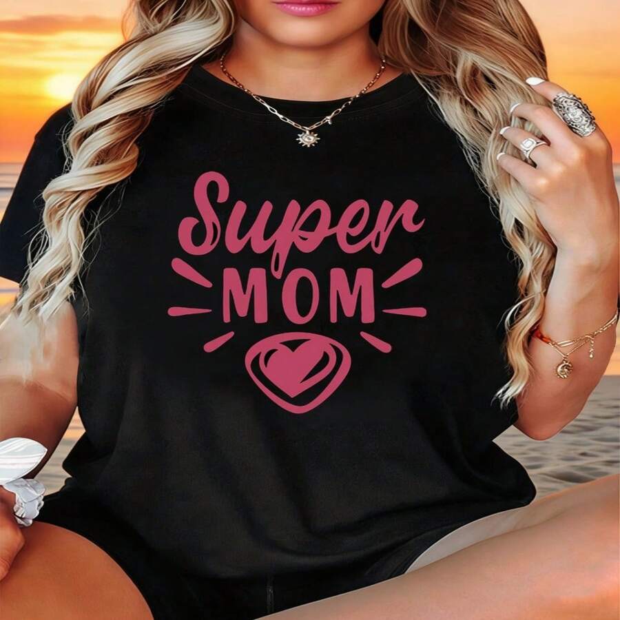 Talla Grande - Talla Grande - Padre Suave y Dulce - 'Super Mamá' con Diseño de Corazón Estampado, Camiseta de Moda Casual de Cuello Redondo para Mujer de Talla Grande de Primavera y Verano, Traje Creativo, Cómoda para Uso Diario y Salidas S-XXXL - Negro - Ver 1