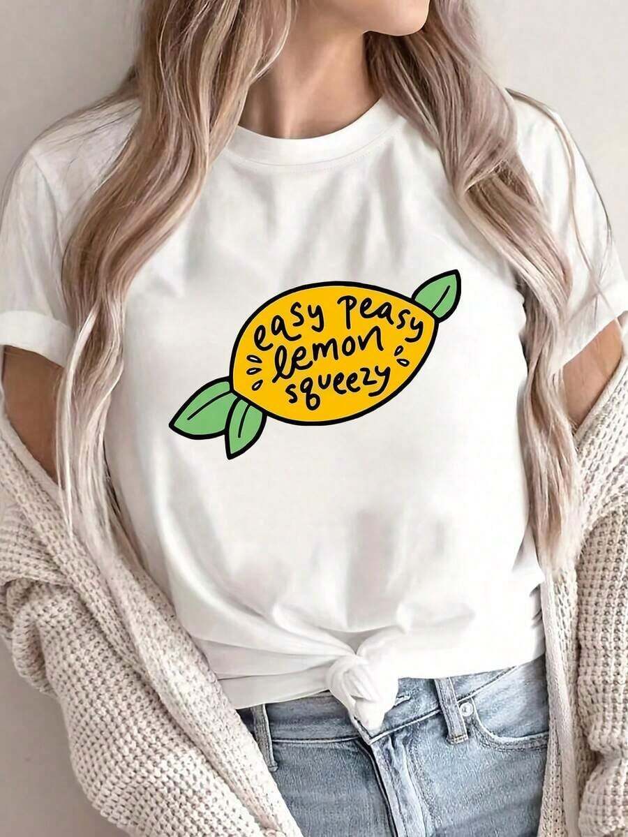 Women's Lemon Print T-Shirt, Short Sleeve T-Shirt, Round Neck T-Shirt With "Easy As A Pie" Print, Casual Summer Off-Shoulder T-Shirt, Women's Casual Summer Style Clothing. - 白色 - 查看 1