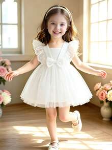 Baby Girl Cute Square Neck Sleeveless Bow Decor A-Line Mesh Dress, Versatile Fashion Outfit For Baby Girls, Suitable For Daily, Party, Outing In Spring & Summer - White - View 3