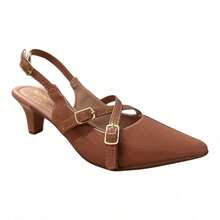 Sapato Feminino Scarpin Social Slingback Bico Fino Salto Fino Baixo Fivelas Leve Confortável - verniz nude - Visão 2