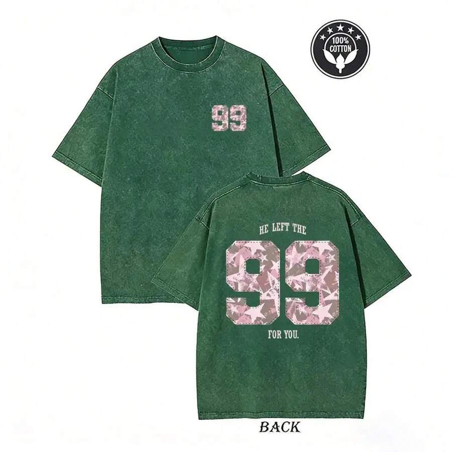 Graphic T-Shirt With "99" Star Print And Washed Effect From Christian "He Left The 99 For You" - Hijau - View 1