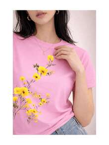 Camiseta de mujer amarilla con estampado floral minimalista, suave al tacto, manga corta, cuello redondo, ideal para primavera, verano, casual, diaria y cómoda - Rosa - Ver 2