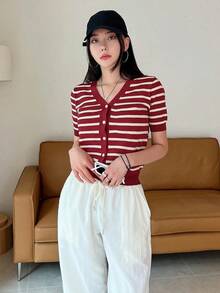 Cárdigan con botones a rayas, blusas de manga corta para verano, ropa de otoño - Rojo y blanco - Ver 4