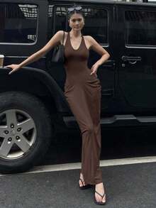 Vestido largo maxi envolvente de mujer con escote en V y ajuste ceñido al Body - Marrón - Ver 5