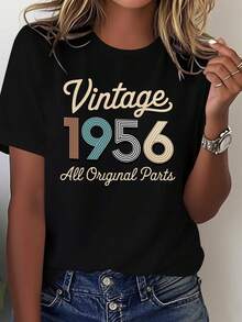 Women's Vintage 1956 T-Shirt With 100% Original Components - 100% 1950s Retro Style, Comfortable Casual Short-Sleeved, Round Neck, And Loose Fit, Featuring A Vintage 1956 Print And Mid-Century Modern Style (Machine Washable) - Suitable For Themed Events And Everyday Wear - Vintage Design With Red And Gold Geometric Pattern And Distressed Lettering - Loose Fit For All Seasons, Women's Short-Sleeved T-Shirt, Casual Blouse. - 黑色 - 查看 1