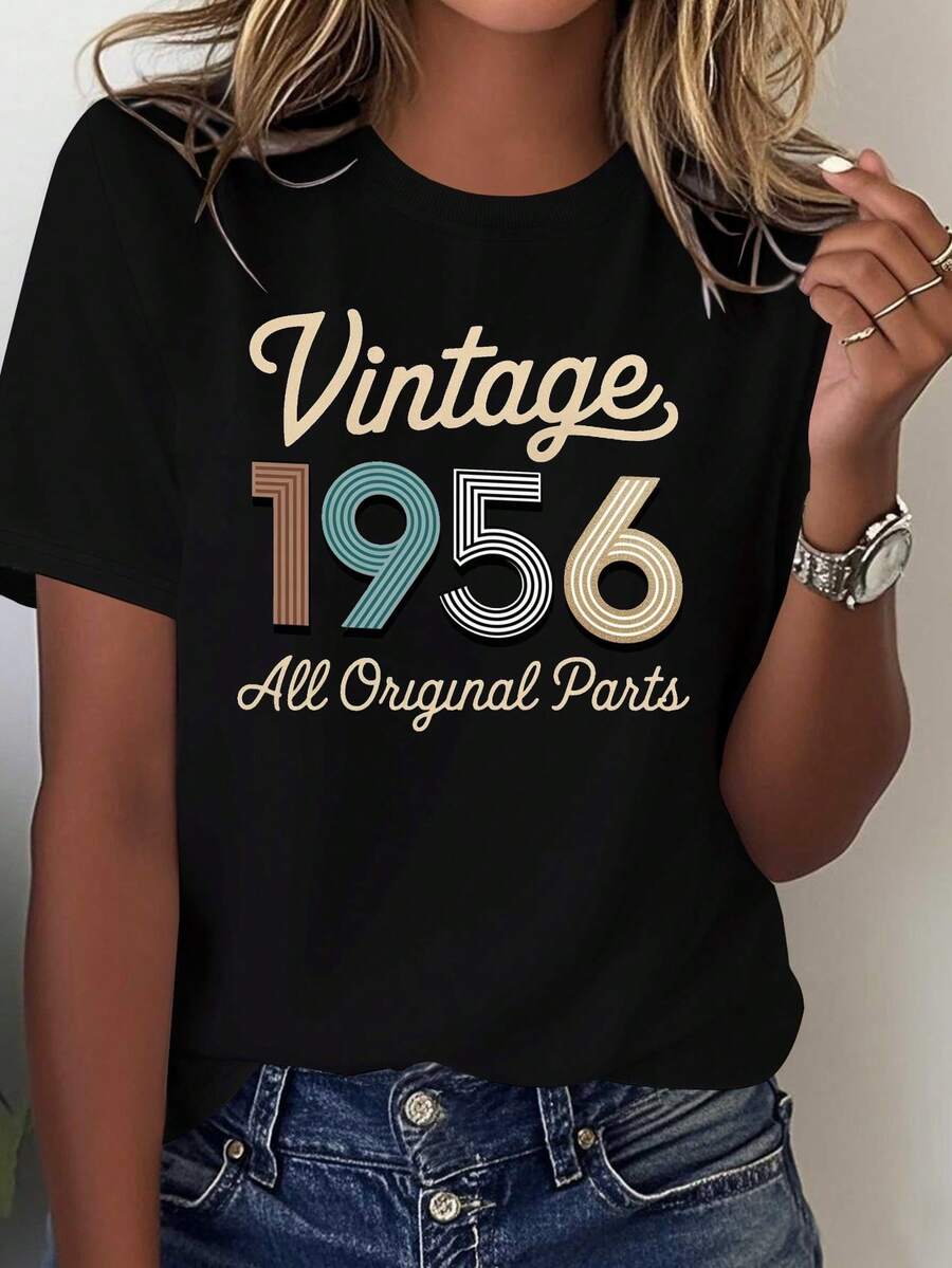 Women's Vintage 1956 T-Shirt With 100% Original Components - 100% 1950s Retro Style, Comfortable Casual Short-Sleeved, Round Neck, And Loose Fit, Featuring A Vintage 1956 Print And Mid-Century Modern Style (Machine Washable) - Suitable For Themed Events And Everyday Wear - Vintage Design With Red And Gold Geometric Pattern And Distressed Lettering - Loose Fit For All Seasons, Women's Short-Sleeved T-Shirt, Casual Blouse. - 黑色 - 查看 1