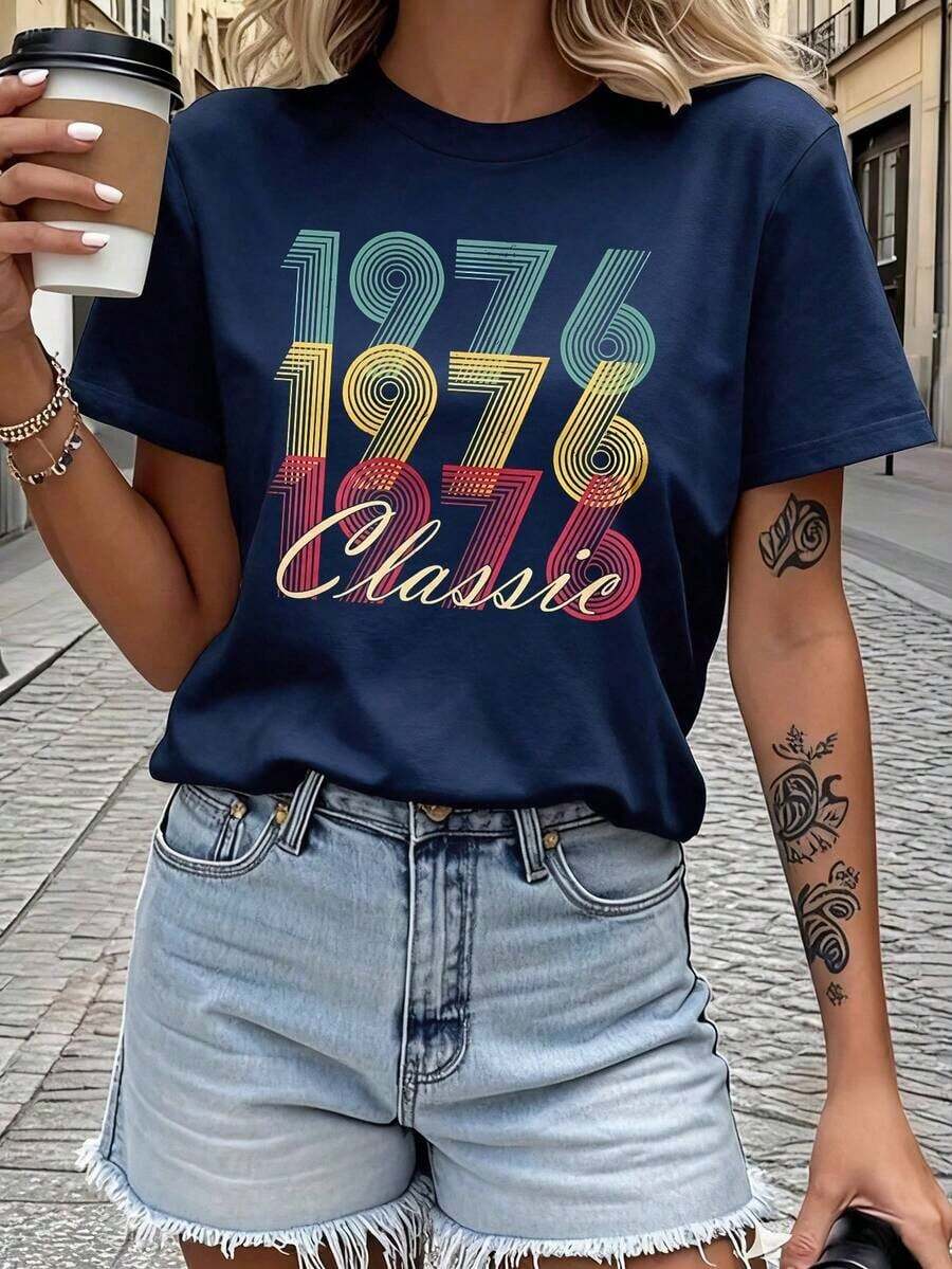 Women's 50th Birthday T-Shirt - 50th Birthday Gift, Casual Short Sleeve Crew Neck Top With 50th Birthday Print, Birthday Outfit For Summer And Spring Celebration. - 藏蓝色 - 查看 1