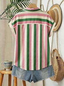 Camisa de manga corta con bolsillo, de estilo casual y de vacaciones, con botones delanteros y rayas - Multicolor 7 - Ver 2