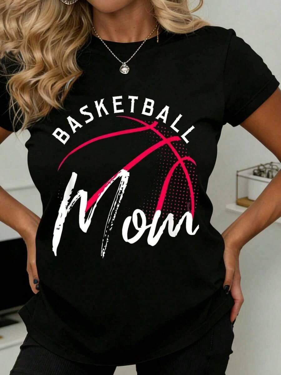 Camiseta de Baloncesto para Mujer con Diseño de Baloncesto y Texto Atrevido, Perfecta para Fanáticas del Deporte y Días de Partido, Adecuada para Uso Casual y Deportivo - Negro - Ver 1