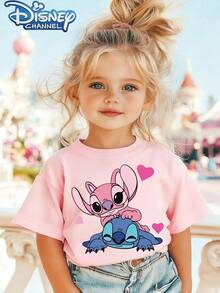 Disney's *Lilo & Stitch* Girls' T-Shirt - Double-Sided Print (Stitch & Angel), Featuring A Cute Pink Heart Pattern; Girls' Casual Pure Cotton Short-Sleeve Top. - 粉色 - 查看 2