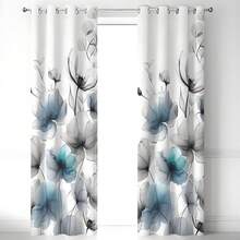Lightweight, Semi-Sheer Curtains With A Linen Texture And Floral Print, Softly Filtering Light, 2-Piece Set For Bedroom And Living Room - 湖藍色 - 查看 4
