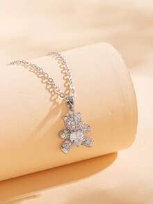 1pc Cute Bear Pendant Necklace, Stainless Steel Chain, Copper Cubic Zirconia Charm, Kawaii Daily Wear Jewelry, Gift For Friends - Multicolor - View 5