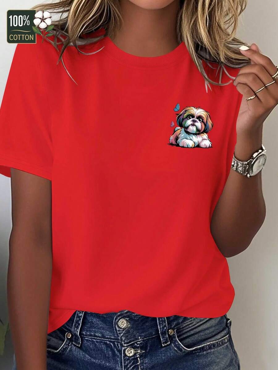 Talla grande - talla extra grande - camiseta de mujer, hecha de algodón puro, tela ligera y transpirable, diseño de cuello redondo, diseño estampado, corte de manga corta, adecuada para primavera y verano. - Rojo - Ver 1