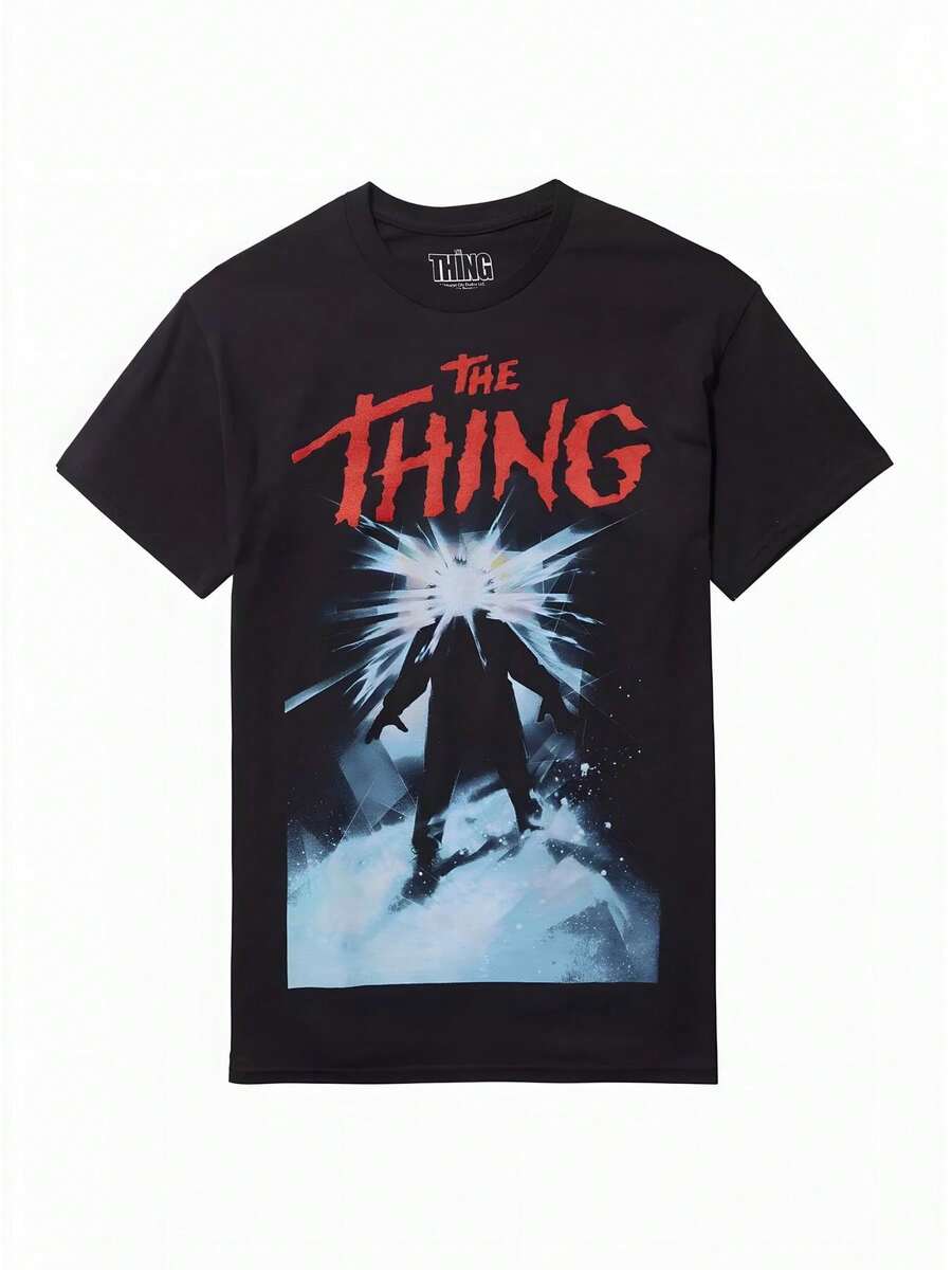 Camiseta negra estampada de manga corta - llamativo texto rojo combinado con siluetas misteriosas y un efecto explosivo de luz y sombra - una camiseta casual genial y espeluznante, adecuada para el uso diario o eventos con temática de terror.camisas de mujer sudaderas para mujer sueter blusa casual mujer verano vestidos de graduación - Negro - Ver 1