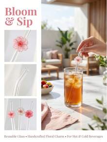 1/3/4/6PCS Flower Glass Straw – Reusable Curved Straws For Smoothies, Cocktails, Bubble Tea, Soda, Summer Drinks, Pool Parties, Beach. Great Gift For Christmas, Birthday, Graduation, Back To School, Valentine's Day. Kitchen Essential, Photo Prop. - View 7