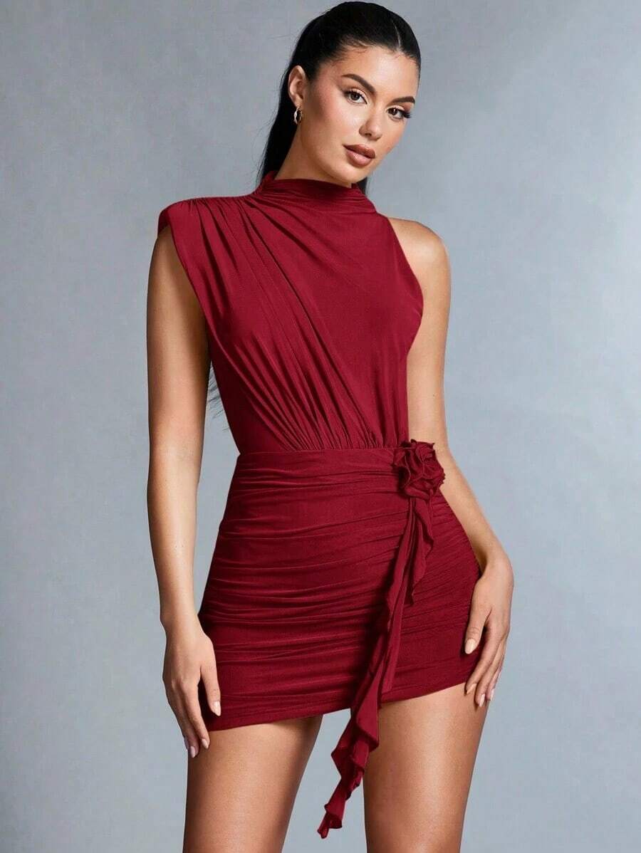 Vestido con hombro asimétrico, pliegue y arrugado, con decoración de flor 3D para damas - Burdeos - Ver 1