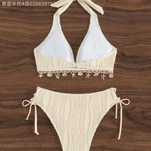 Fengyu Women's Clothing Store  2 piezas Conjunto de bikini de top halter con decoración de concha y Bottom triangular en V con estampado floral de color albaricoque para mujer, ideal para vacaciones de verano en la playa - Negro - Ver 3