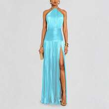 Vestido sin mangas escote halter, pliegues metalizados, abertura lateral, cordón ajustable, espalda descubierta, para mujer - lago azul - Ver 7