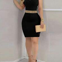 guang zhou mi qian shang mao Vestido negro elegante y ceñido para mujer - Halter sin mangas con tela de lentejuelas en la espalda, perfecto para actividades de verano, mezcla de poliéster lavable a máquina, vestido ajustado, adecuado para citas nocturnas diarias, fiestas, fiestas de solteros - Burdeos - Ver 5