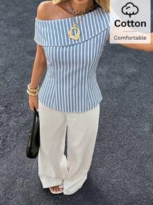 Blusa de hombro único elegante de verano con contraste de ribete, 100% algodón, color albaricoque, para mujer.Blusa ajustada con cuello plegado, estilo retro y elegante para la oficina.Cómoda y transpirable para eventos sociales. - Azul y blanco - Ver 7