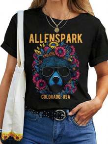 Allenspark Colorado USA Oso con Gafas de Sol y Flores Camiseta para Mujer Camiseta casual para mujeres. - Negro - Ver 1