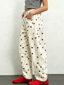 Moda femenina Polka jeans de piernas anchas con lunares, pantalones de barril sueltos en la cintura media, pantalones vaqueros estéticos y casuales y2k, adecuados para el uso diario en la calle - marrón café - Ver 4