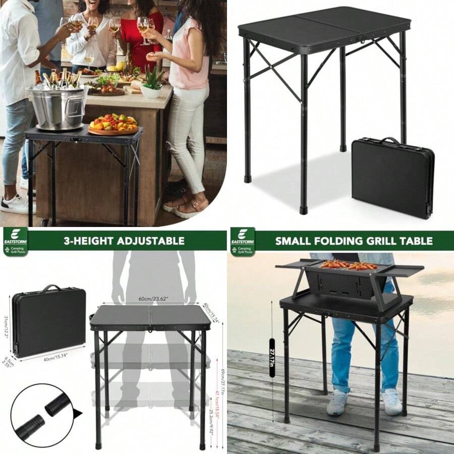E EASTSTORM - Mesa plegable de metal pequeña de 3 alturas ajustables 60 x 40 x 68 5 cm mesa de picnic portátil resistente para acampar al aire libre jardín patio parrilla barbacoa fiesta 61 cm - Negro con 3 opciones de altura. - Ver 1