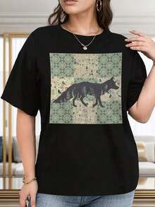 1 pieza de camiseta negra para mujer - Silueta de zorro vintage con patrones florales color verde azulado, camiseta suave de uso diario para mujer, lavable a máquina, camiseta para estar en casa y fiestas, camisetas para damas, camiseta con estilo artístico, camiseta de ajuste cómodo, ajuste relajado, 180g Algodón 100%. - Negro - Ver 12
