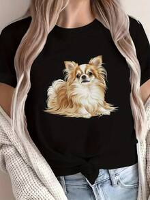 Camiseta de Algodón Suave para Mujer - Diseño de Peluche con Patrón de Chihuahua, Color Gris Claro, Camiseta Casual para Uso Diario (Lavable a Máquina), Ropa con Temática Canina, Imprescindible para Amantes de los Animales, Tela Ligera y Cómoda, Atuendo para Fin de Semana, Camiseta Divertida con Estampado, Exclusiva para Amantes de Mascotas, Blusa Casual de Corte Holgado para Mujer. - Negro - Ver 1
