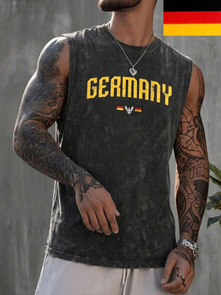Áo tank top không tay in họa tiết Đức, phong cách đường phố thường ngày dành cho nam giới mùa hè của FRACTYR, kiểu dáng rộng rãi, cổ tròn, không tay, chất liệu mềm mại. - màu đen - Xem 1