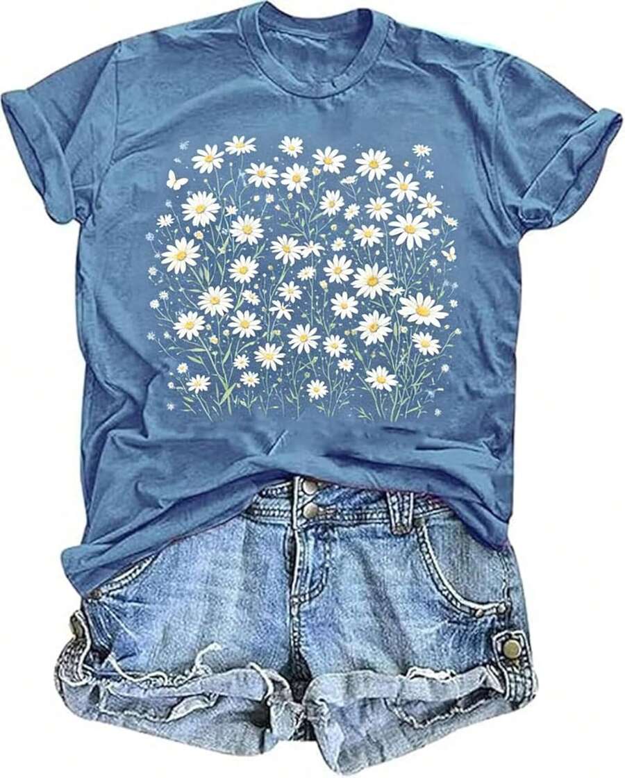 Camisetas de flores vintage para mujer, lindas camisetas con estampado floral, camisetas bohemias de flores silvestres, camisetas casuales de verano de manga corta - Azul - Ver 1