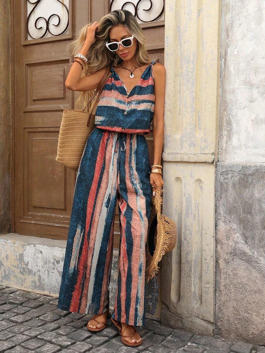Mono informal sin mangas con cuello en V y estampado total para mujer, ideal para vacaciones de verano - Multicolor 2 - Ver 1