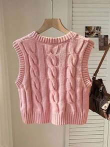 Chaleco de mujer de punto con patrón de cable, cuello redondo, para otoño/invierno - Rosa Pálido - Ver 2