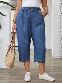 Mature Denim Pantalones capri casuales de mezclilla holgados con bolsillos y atar a la cintura para mujer de talla grande - Azul - Ver 1