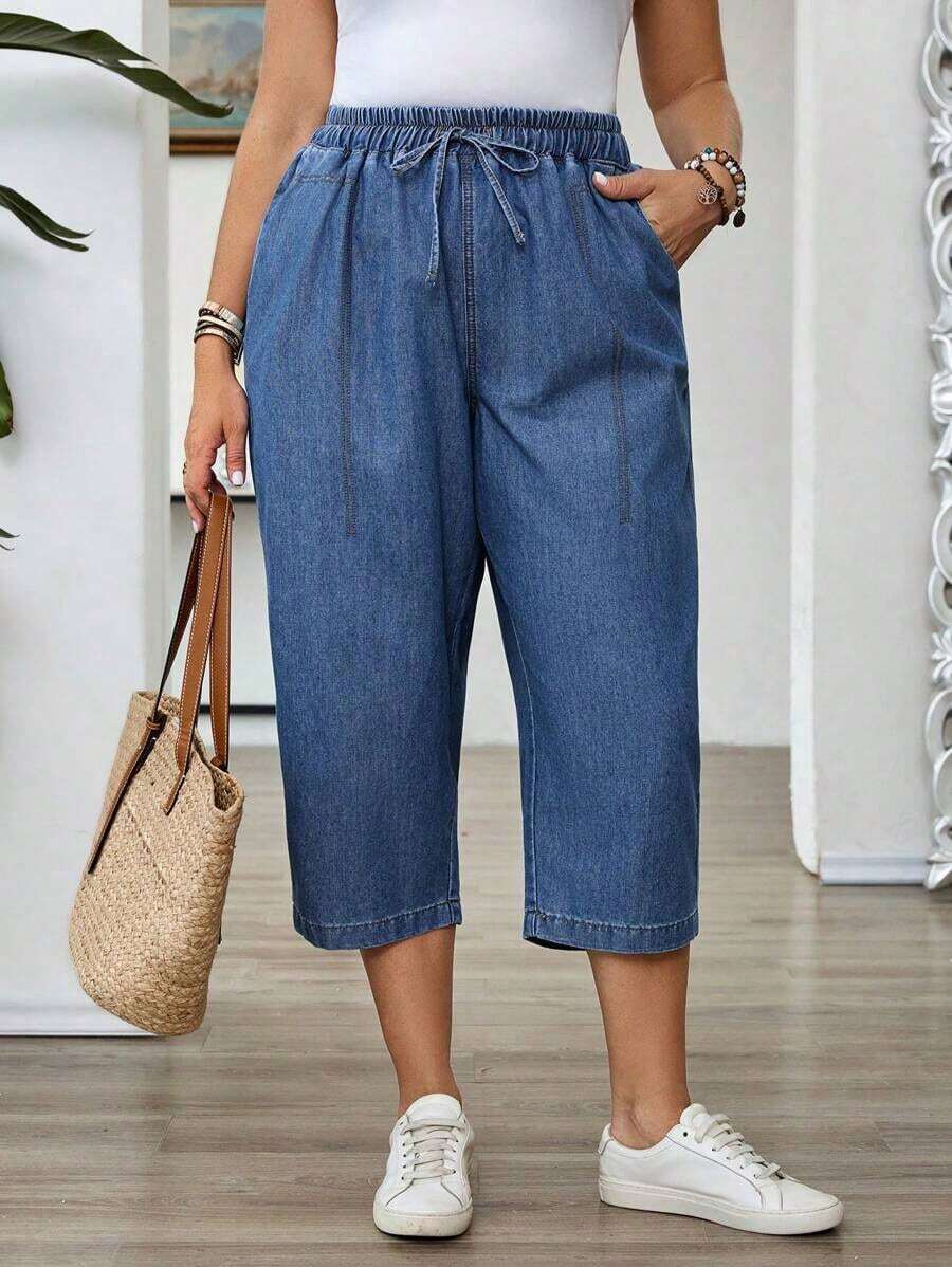 Mature Denim Pantalones capri casuales de mezclilla holgados con bolsillos y atar a la cintura para mujer de talla grande - Azul - Ver 1