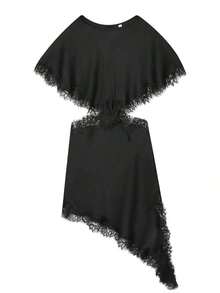 Vestido mini de encaje marrón, vestido de verano elegante para mujer, atuendo para fiesta, vestido corto de satén para cóctel, atuendo de vacaciones para mujer en negro - Negro - Ver 5