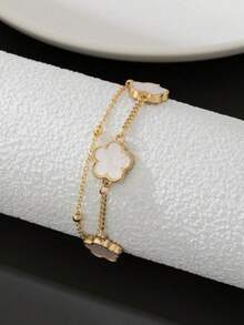 1pc Lucky 5-Leaf Clover Bracelet For Men, Casual & Date Wear Gift (No Gift Box, Random Number Of Beads On First Layer) - White - View 2