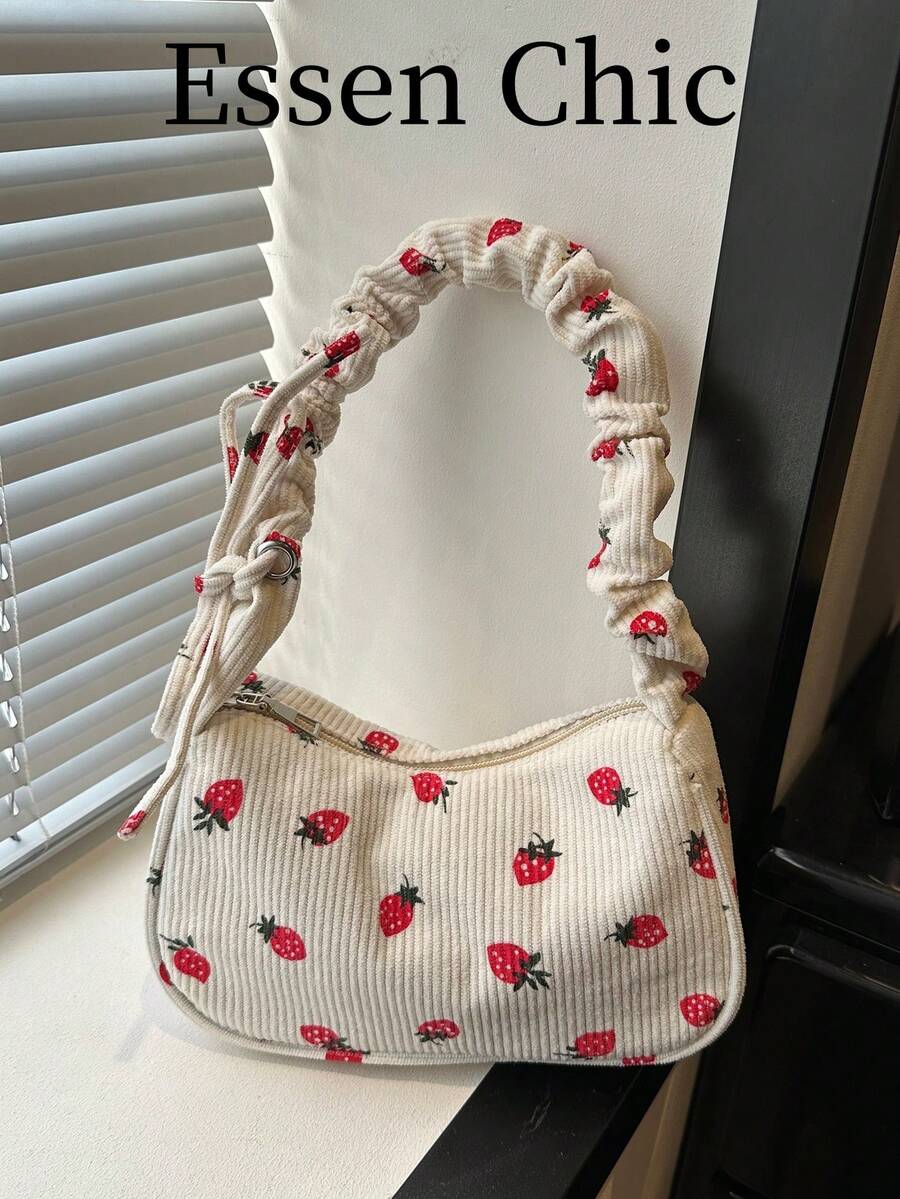 1 buah Tas Bahu Lipit Corduroy Motif Stroberi Putih, Koleksi Terbaru Musim Panas untuk Wanita - Putih - View 1