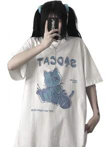 Camiseta de mujer estilo Harajuku, top de dibujos animados lindo estilo INS, camiseta holgada de manga corta, ropa linda. - Blanco - Ver 7