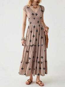 Vestido largo con volantes y estampado completo, atuendo de vacaciones y playa para mujeres - Caqui - Ver 5