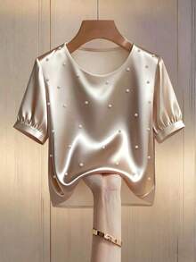 Camiseta de punto con cuello redondo y cuentas, estilo sencillo para mujer - Albaricoque - Ver 3