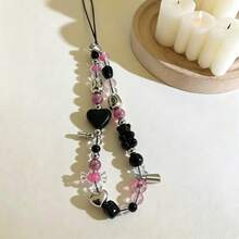 Sangle de poignet de caméra CCD ours fraise cœur mignon, tour de cou de téléphone perlé, charm de coque de téléphone, esthétique Y2K - Rose vif - Voir 3