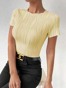 Camiseta de manga corta con textura elegante, primavera/verano - Amarillo - Ver 3
