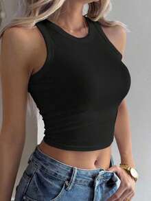 Camiseta de tirantes ajustada de unicolor para mujer, uso diario minimalista y casual - Negro 2 - Ver 4