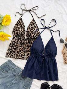 2 piezas Camiseta sin espalda con cuello en V y tirantes con estampado de leopardo, de tela texturizada, sexy y casual para vacaciones, citas, té de la tarde, vacaciones, festivales de música, estilo bohemio - Azul marino - Ver 7