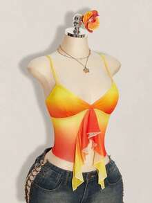 Top informal de tirantes con escote en V, dobladillo con volantes y estampado floral rosa para vacaciones' - Multicolor 2 - Ver 3