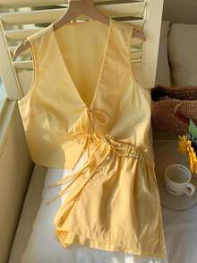 Conjunto casual de 2 piezas de top corto sin mangas con cordones delanteros y shorts para mujer en beige - Amarillo - Ver 6